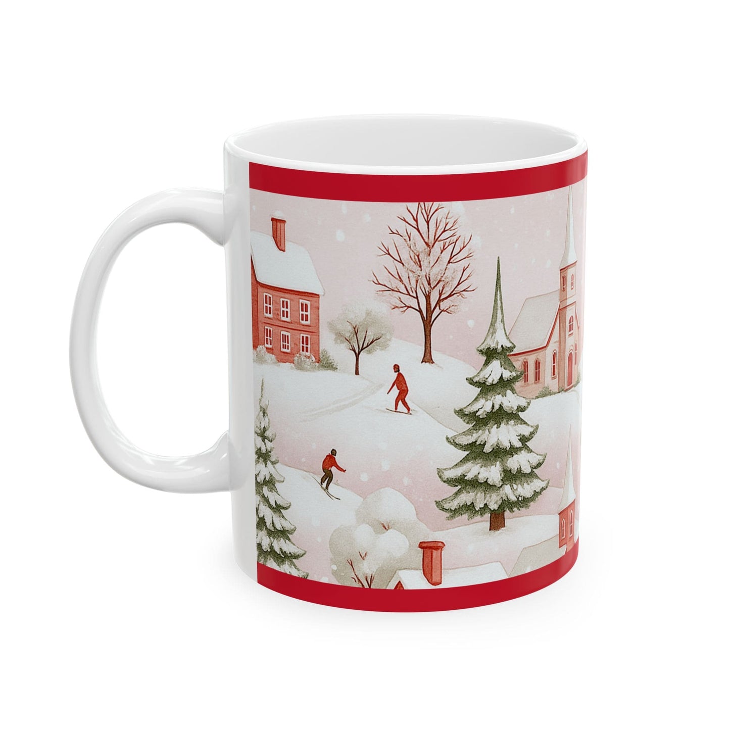 11oz Christmas mug with red trim featuring winter village scene, snowy trees, houses, and people skiing