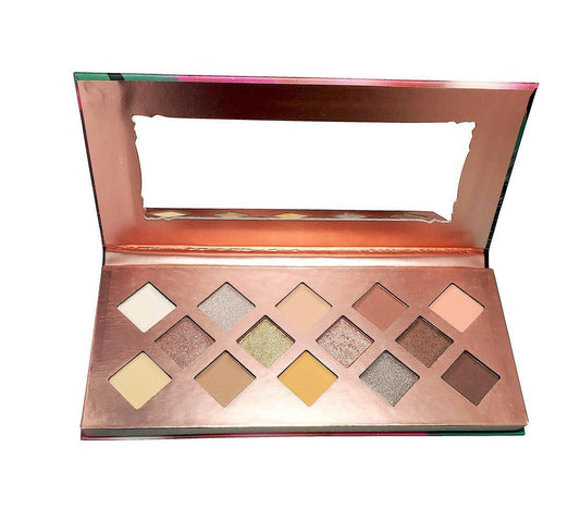 Matte and shimmer eyeshadow palette with built-in mirror.