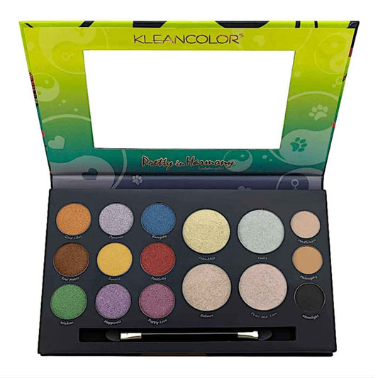 Colorful KleanColor eyeshadow palette with 14 vibrant shades, mirror, and applicator for creative eye makeup looks.