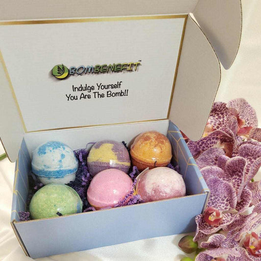 Bombenefit colorful bath bomb gift set in a stylish box, featuring refreshing scents and vibrant designs for spa relaxation.