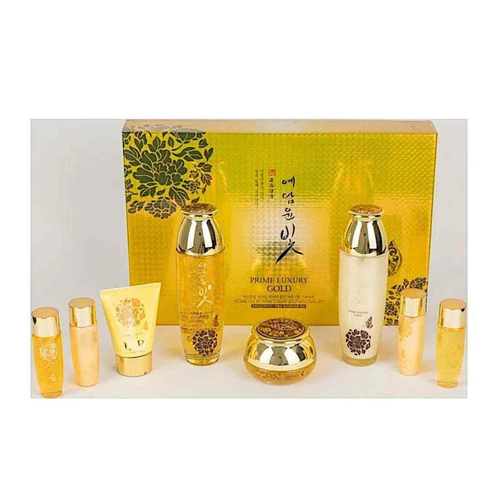 Prime Luxury Gold Korean skincare set featuring anti-aging products including toner, emulsion, cream, BB cream, and more.