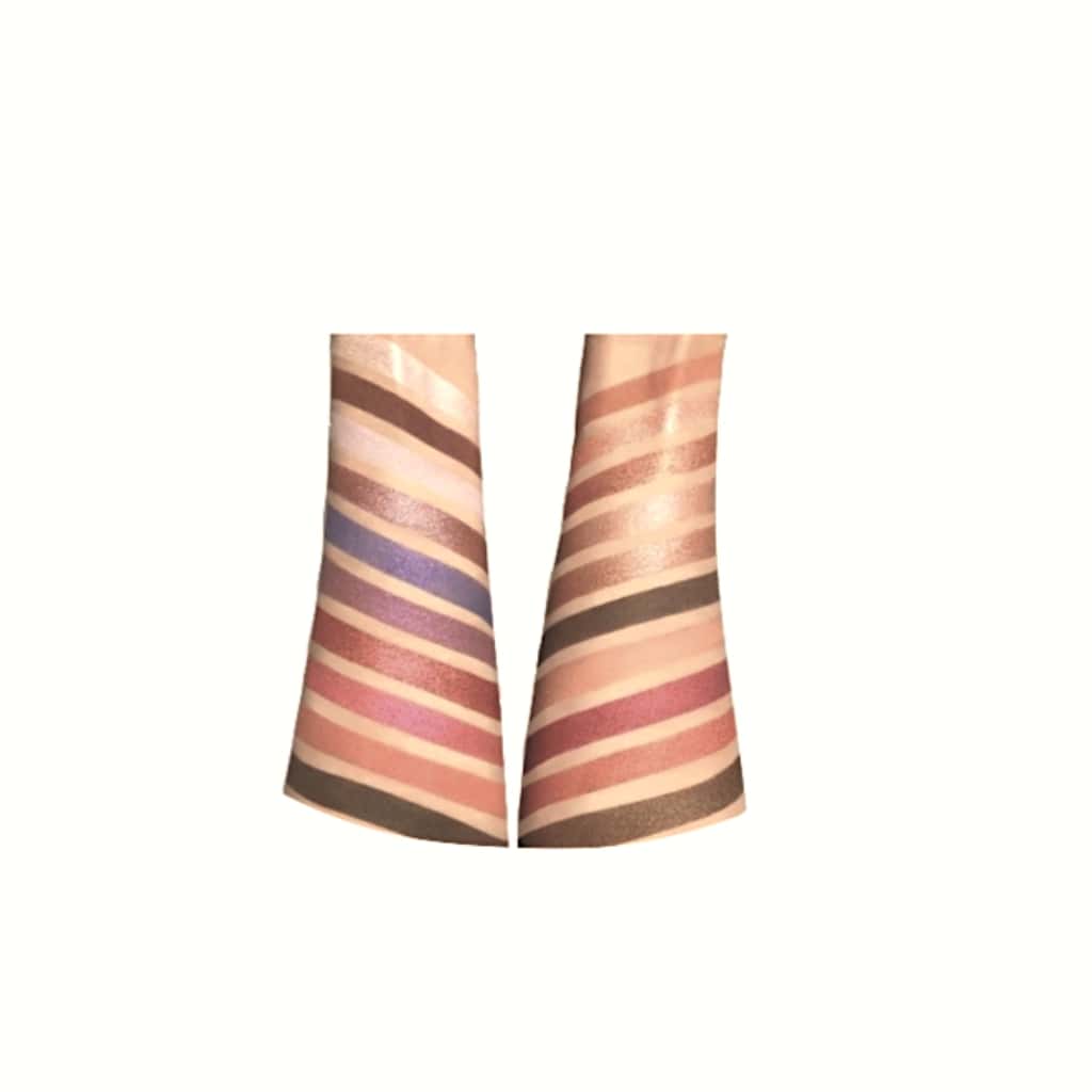 Neutral, brown, and shimmer eyeshadow swatches on two arms from a matte and shimmer makeup palette, showcasing varied shades.
