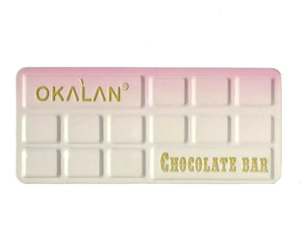 OKALAN pastel-themed eyeshadow palette styled like a chocolate bar.