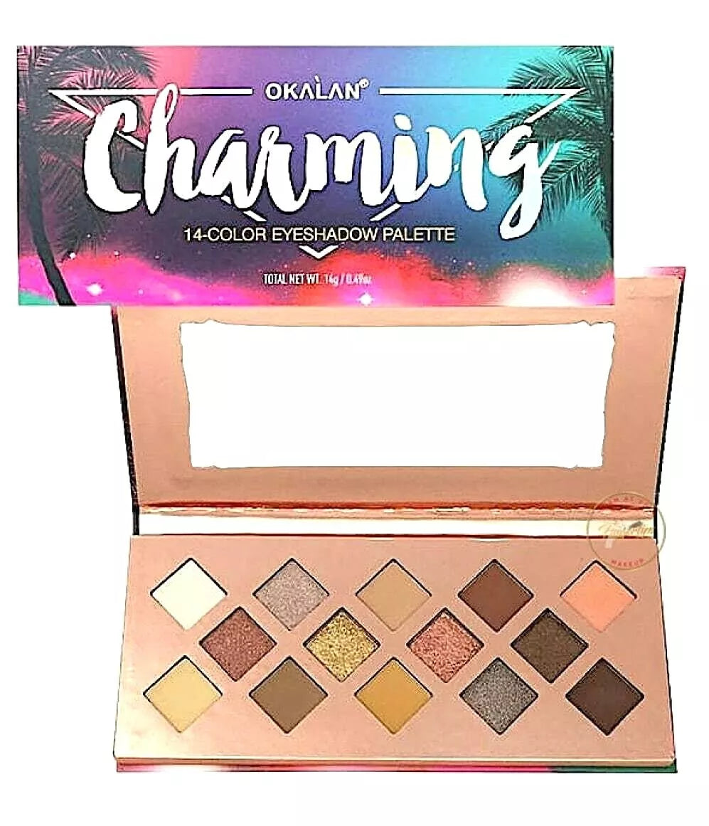 Okalan Charming 14-Color Eyeshadow Palette: Mix of Matte, Shimmer Shades with Palm Tree Design on Packaging