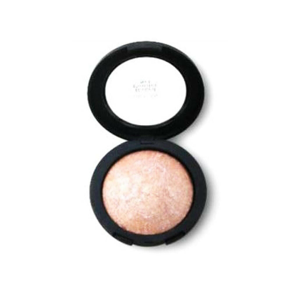 Open OKALAN Baked Powder compact, showcasing a light, shimmery powder designed to illuminate and balance skin tone, with a smooth texture.