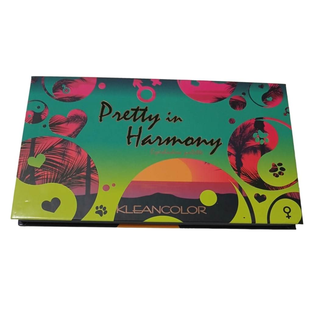 Colorful packaging of 'Pretty in Harmony' eyeshadow palette by Kleancolor, featuring vibrant tropical and heart designs.