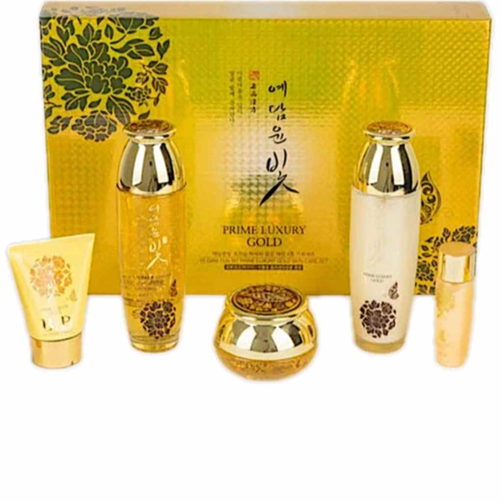 Prime Luxury Gold Korean skincare set with anti-aging formulas, featuring toner, emulsion, cream, and more for radiant skin.