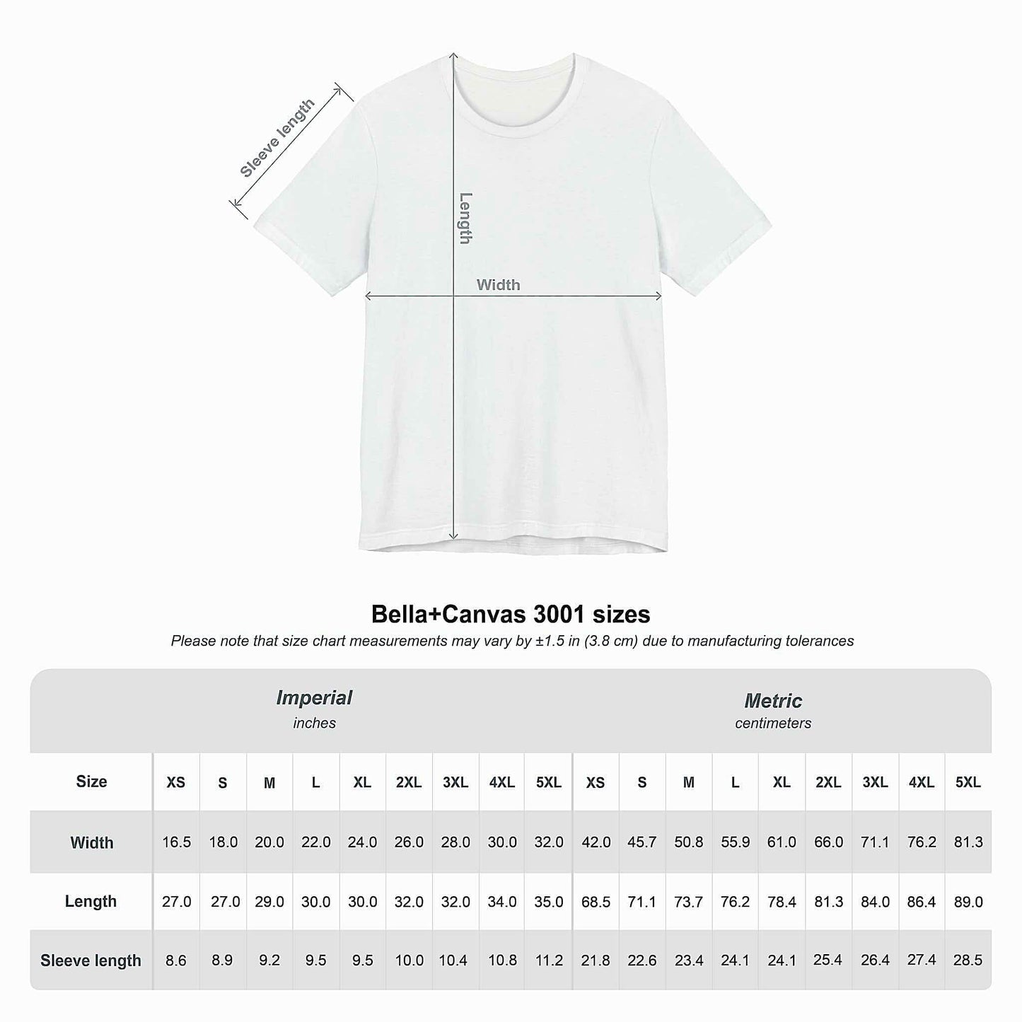 Bella+Canvas 3001 size chart with width, length, and sleeve measurements in inches and centimeters for unisex t-shirts