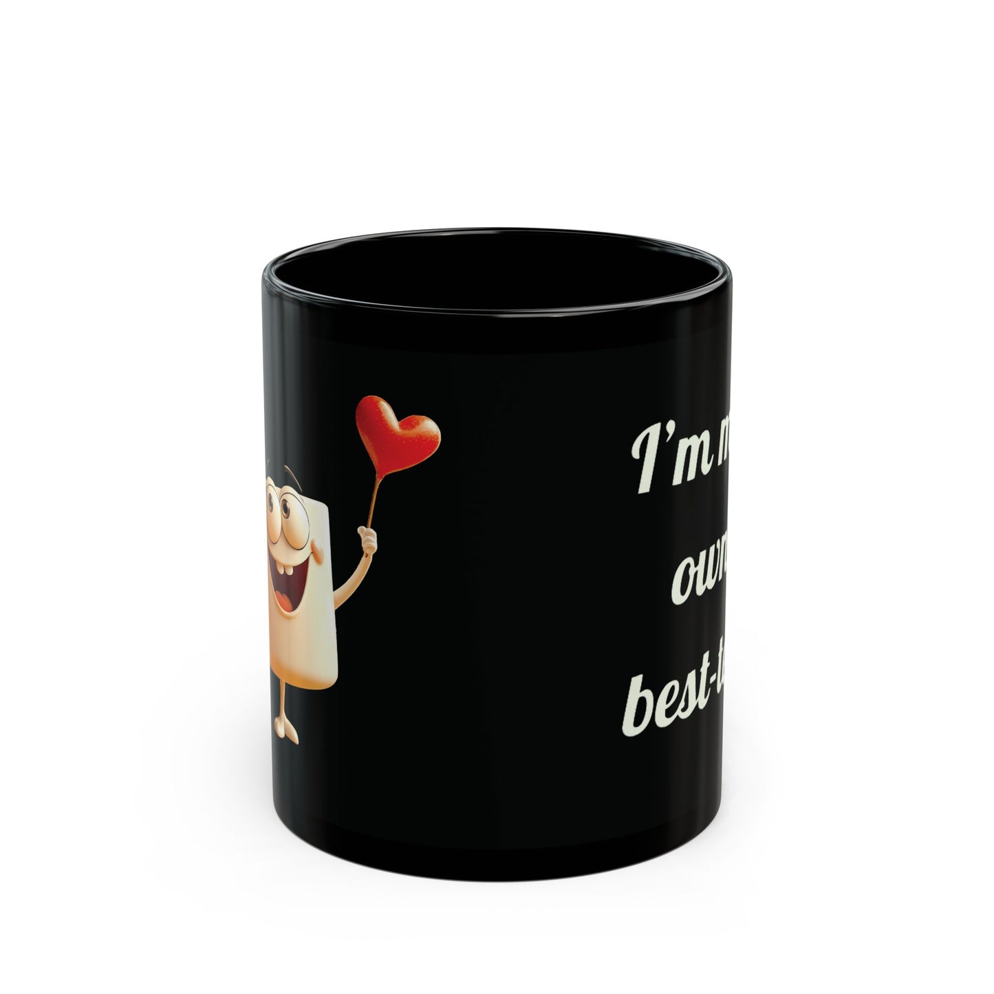 Black mug with smiling marshmallow holding a heart, funny love gift for friend or bestie