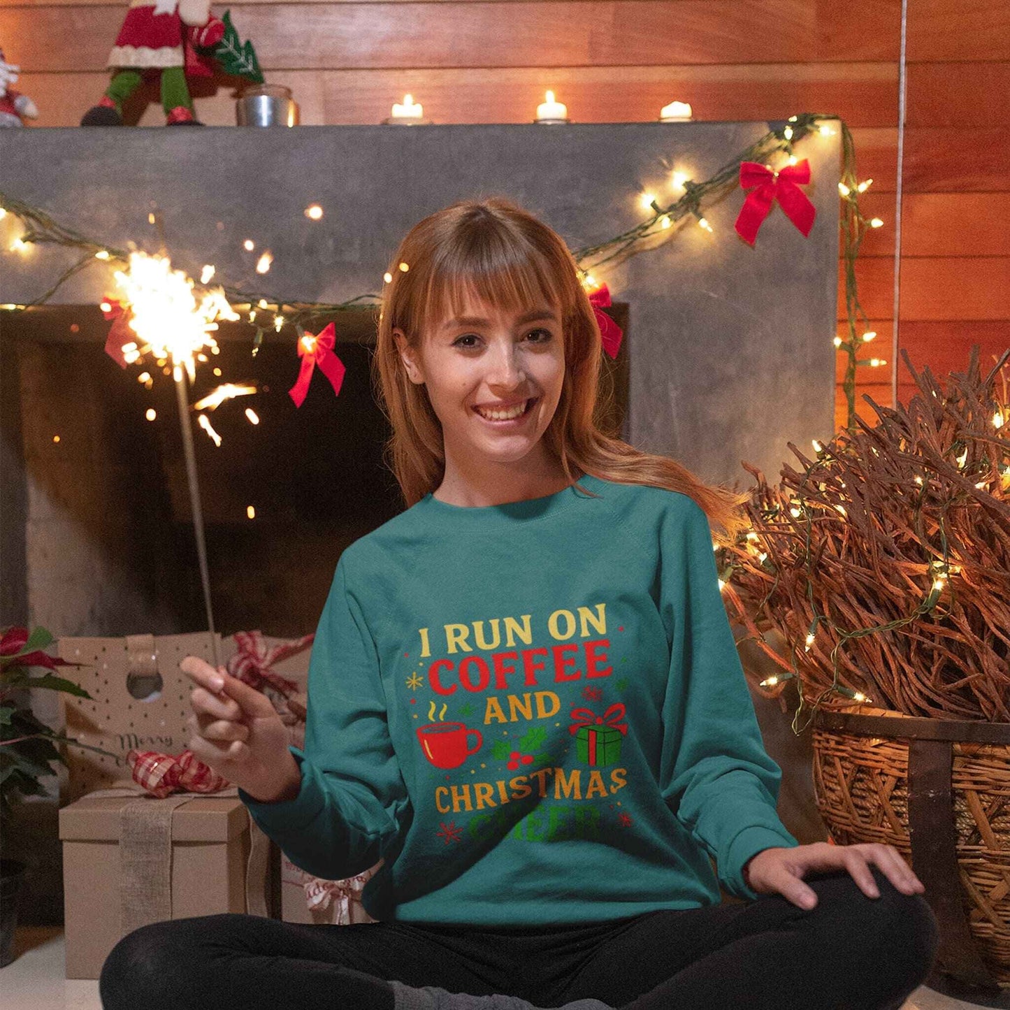 Woman wearing teal Christmas sweatshirt with coffee and holiday cheer design, cozy holiday gift idea for her.