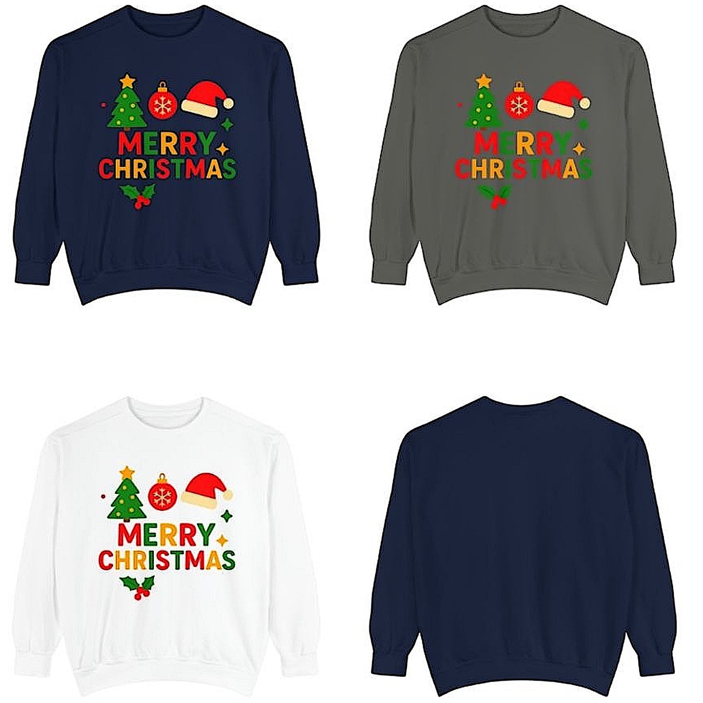 Unisex Christmas sweater with Merry Christmas design, Christmas tree and Santa hat – perfect ugly sweater for holiday parties.