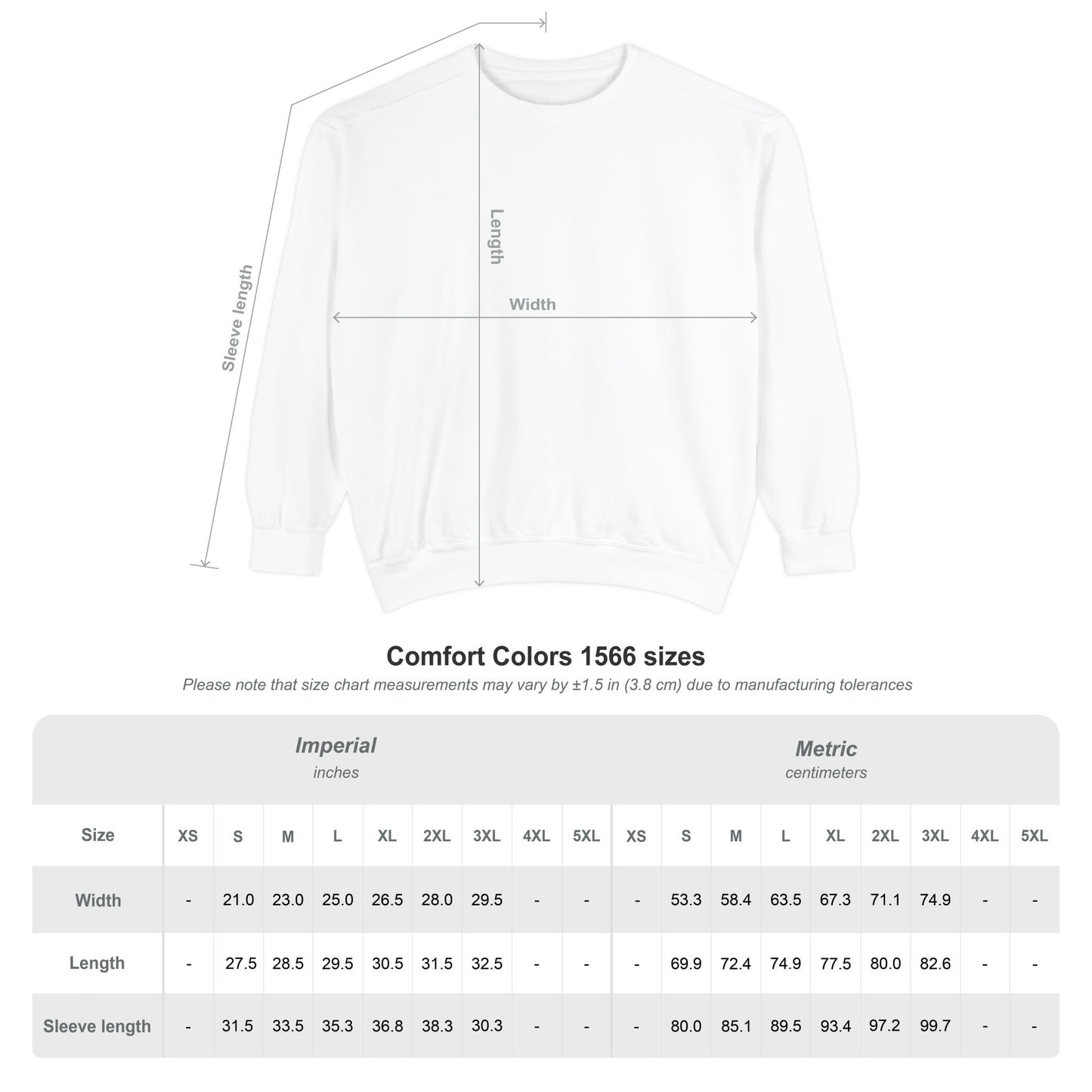 Comfort Colors 1566 sweatshirt size chart with width, length, and sleeve measurements in inches and centimeters for unisex fit.