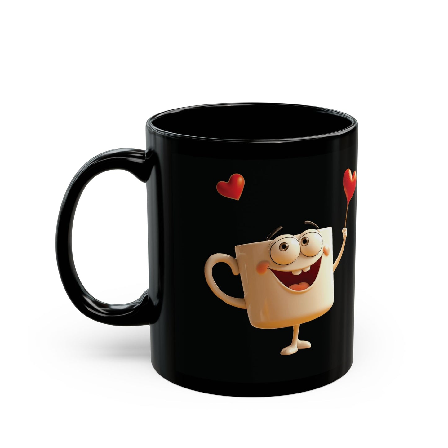 Cute cartoon coffee mug character smiling with red hearts, printed on a black ceramic cup.