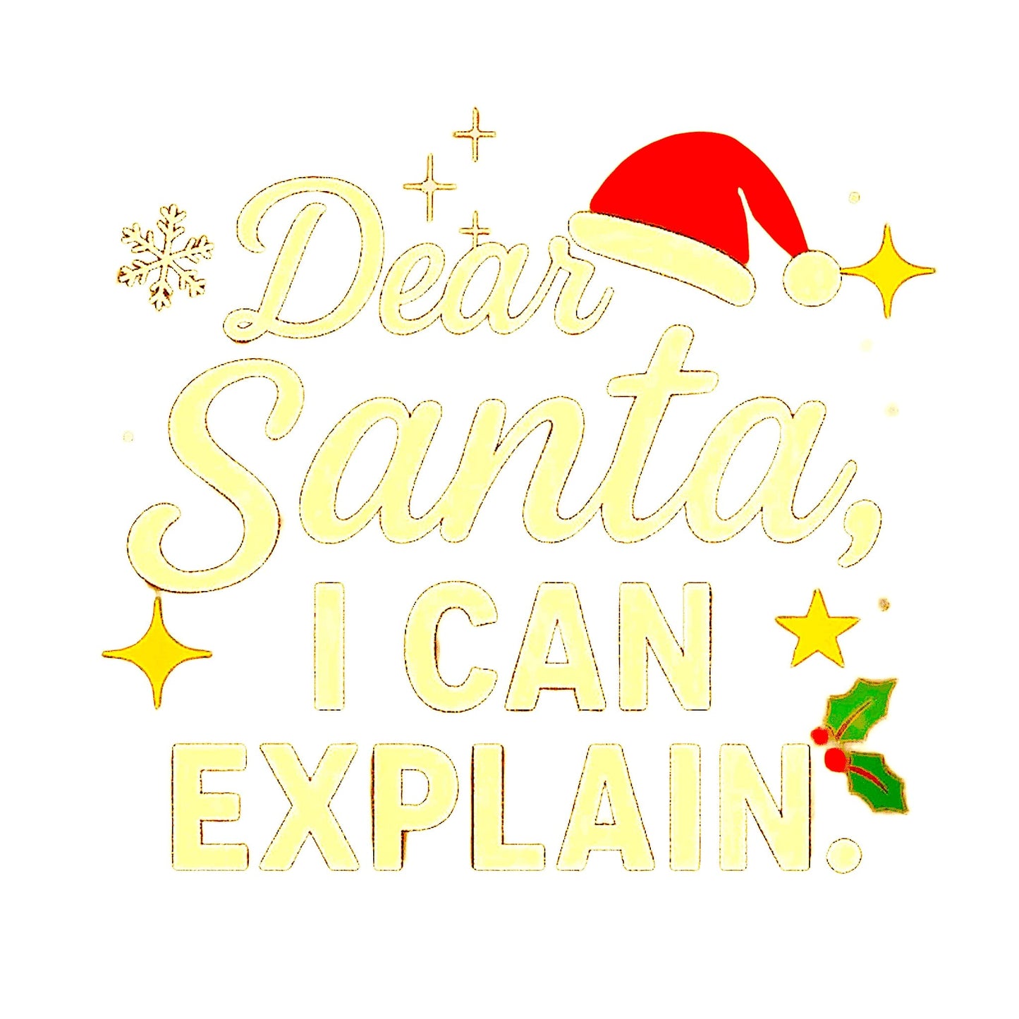 Festive Christmas graphic with “Dear Santa, I Can Explain” text, Santa hat, stars, snowflake, and holly decoration.