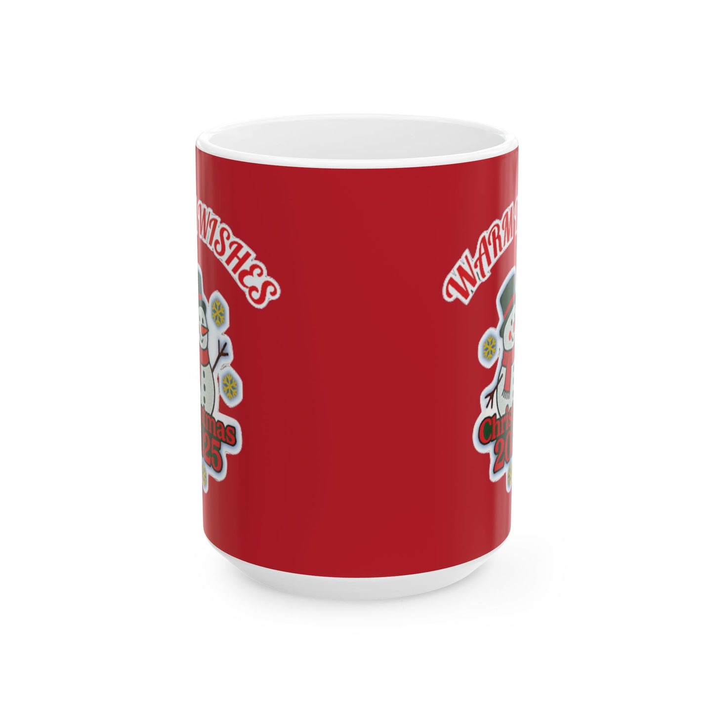 Full wrap view of red Christmas mug with snowman design and 'Warm Wishes Christmas 2025' text – festive holiday coffee cup