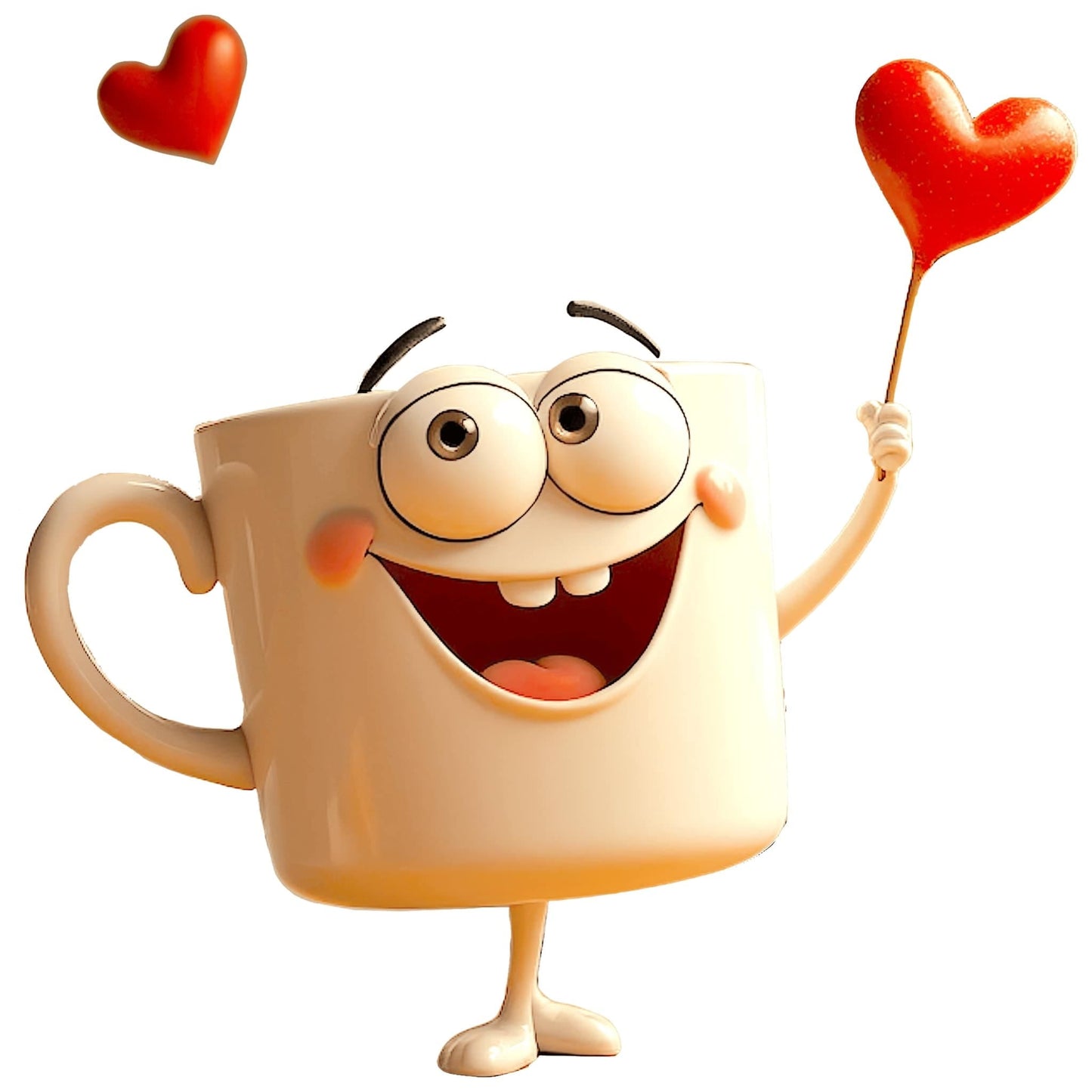 Cute cartoon coffee mug character with a big smile, holding a red heart on a stick and another heart floating above its head