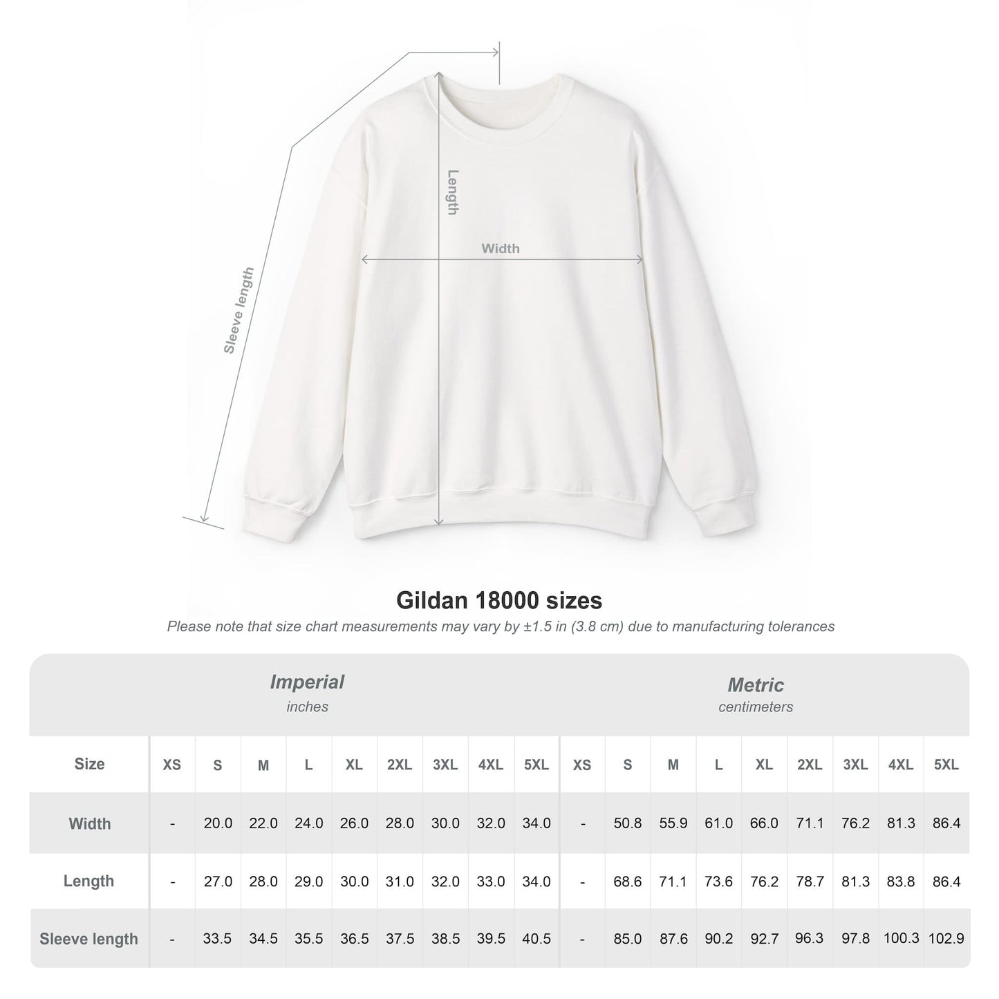 Gildan 18000 unisex crewneck sweatshirt size chart showing width, length, and sleeve measurements in inches and centimeters for sizes XS to 5XL