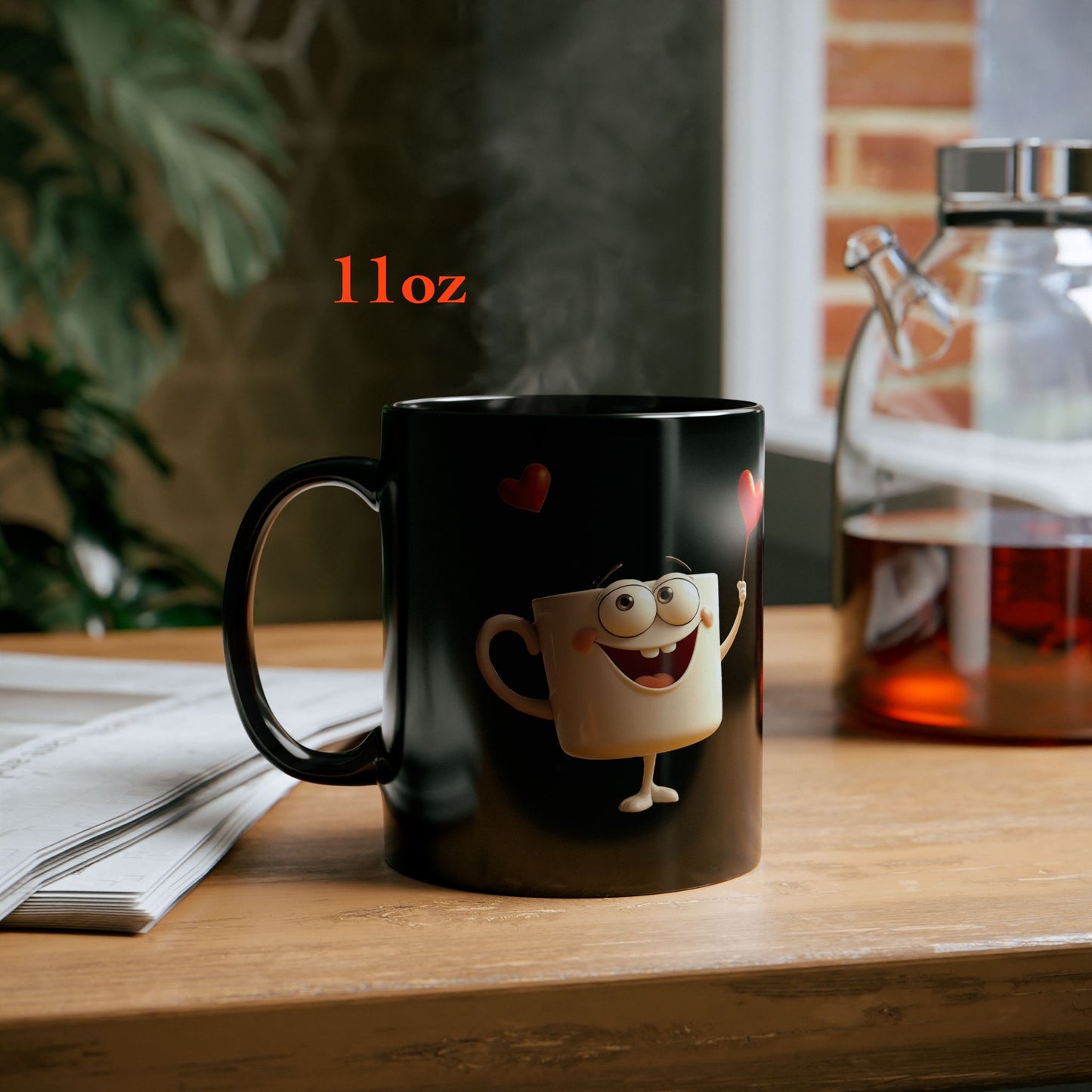 Black mug with smiling marshmallow holding a heart, funny love gift for friend or bestie