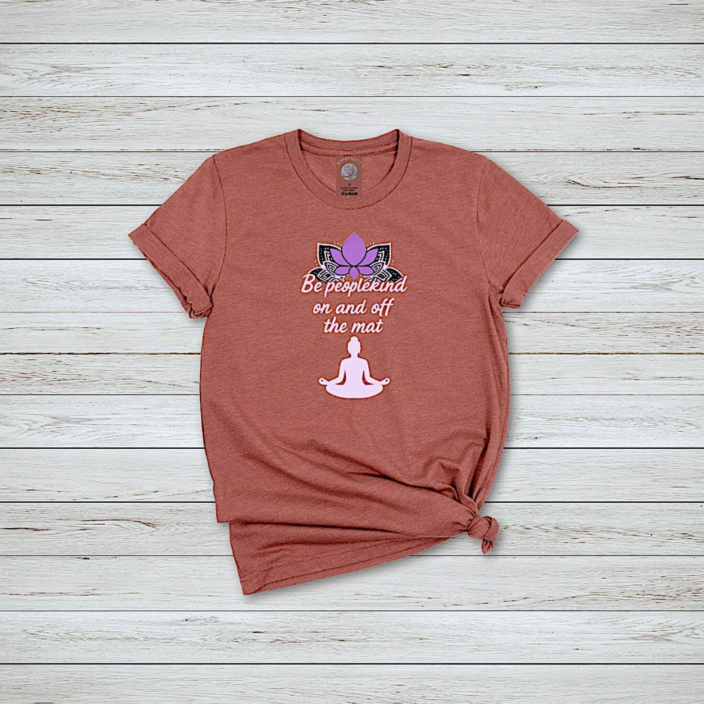 Heather clay t-shirt with Be Peoplekind design promoting mindfulness and kindness on and off the yoga mat.