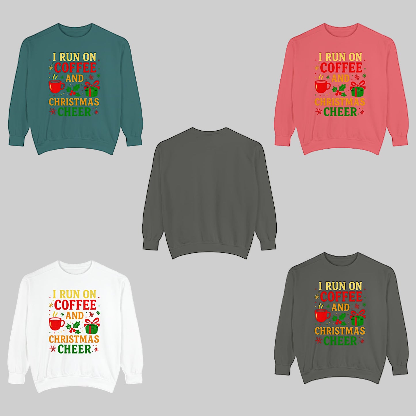 Christmas sweatshirt with “I run on coffee and Christmas cheer” design in white, grey, green, and red. Cozy unisex holiday sweater gift.