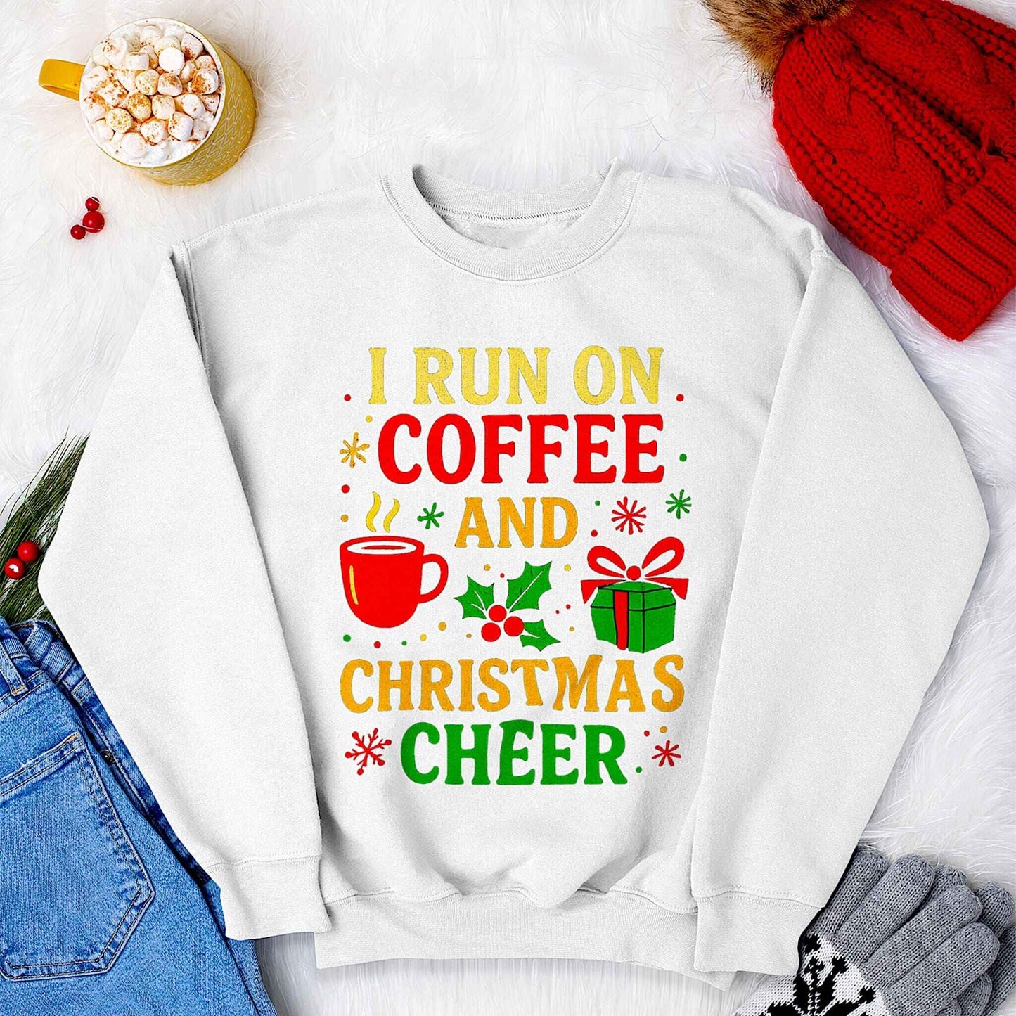 White Christmas sweatshirt with colorful “I run on coffee and Christmas cheer” design, featuring coffee mug, gift, and holly. Cozy unisex holiday sweater gift idea.