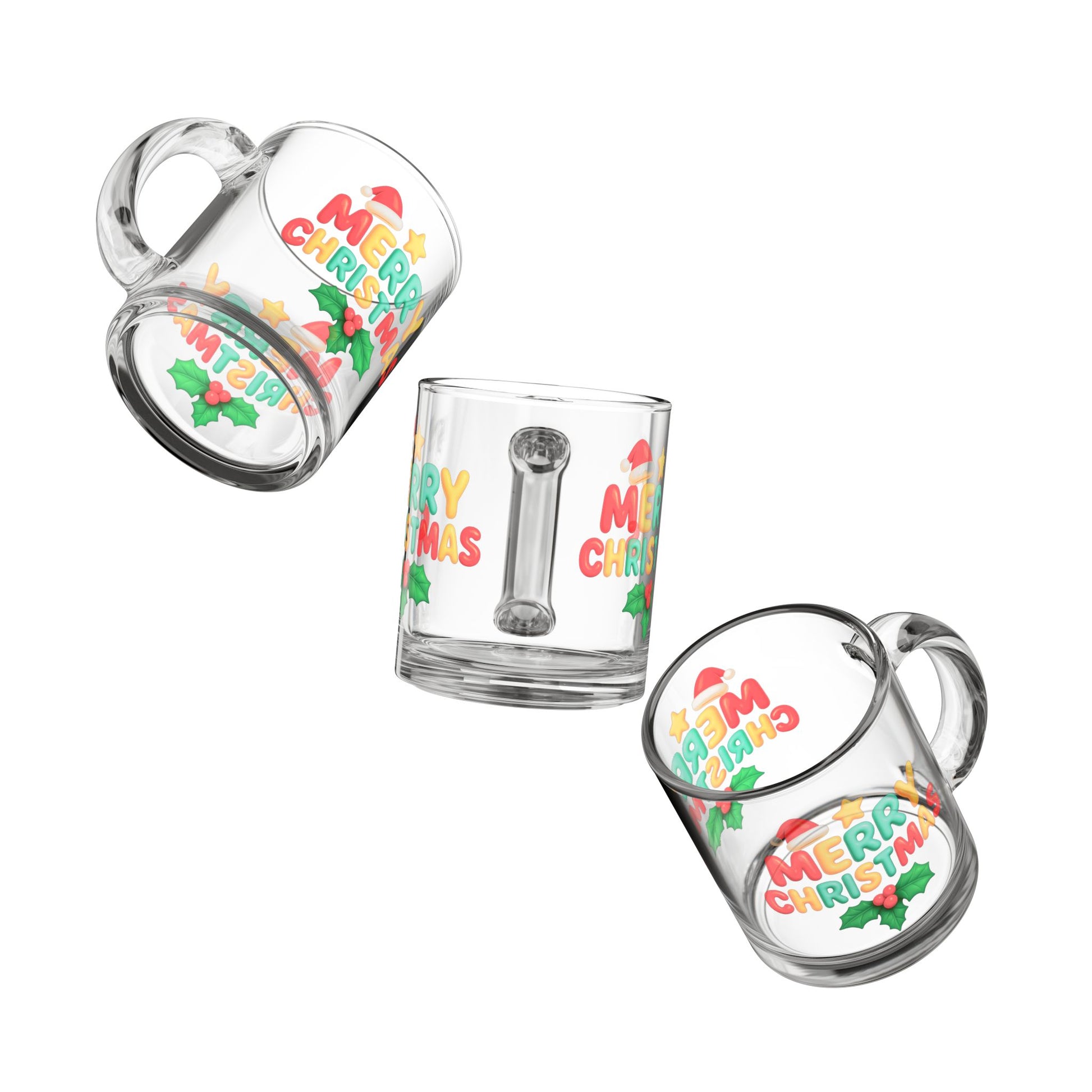 Three clear glass mugs with colorful “Merry Christmas” design, Santa hat, star, and holly leaves, ideal for holiday drinks and festive gifts.