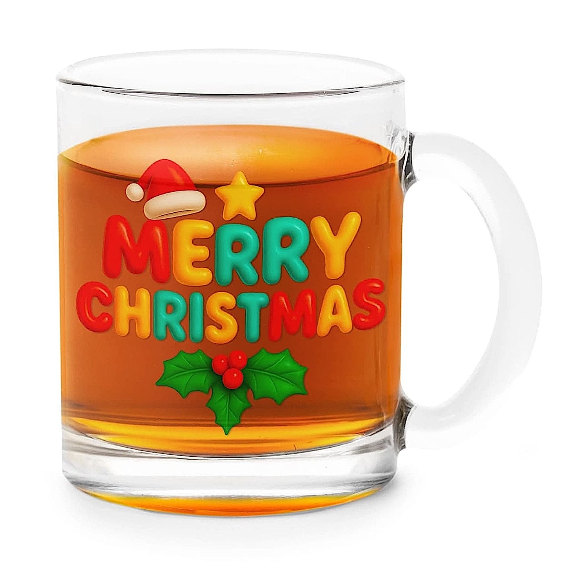 Clear glass mug with Merry Christmas design, festive holiday drinkware for cocoa, tea, or coffee, perfect seasonal gift idea.