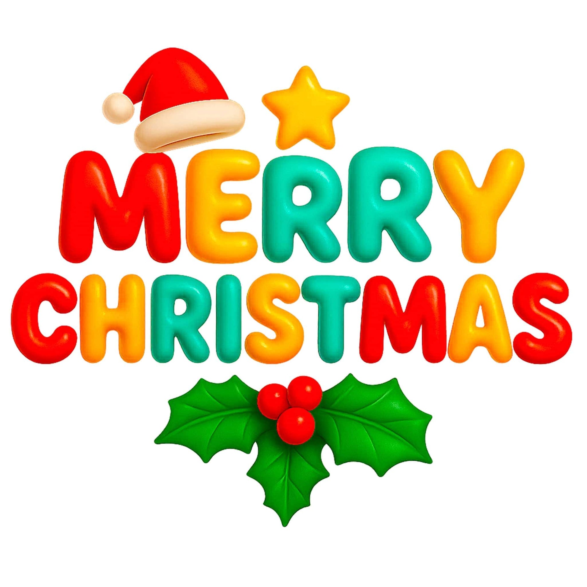Colorful “Merry Christmas” design with bold letters, Santa hat, golden star, and holly leaves with berries, ideal for holiday mugs and gifts.