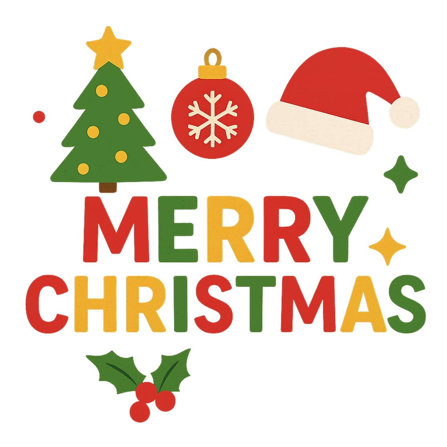 Colorful Merry Christmas text design with festive tree, Santa hat, ornament, and holly on transparent background