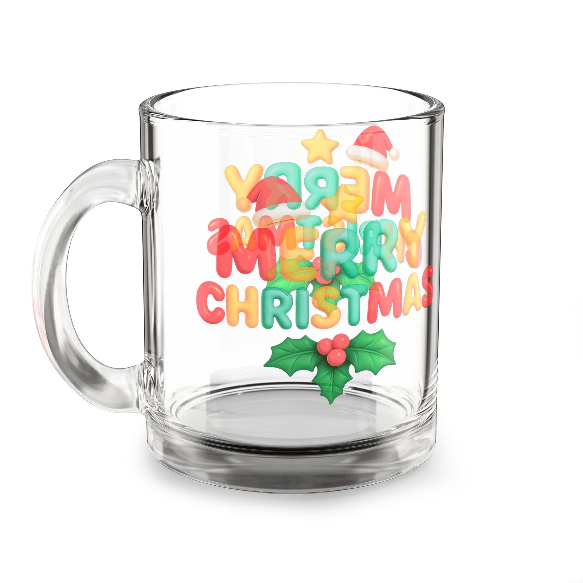 Clear glass mug with colorful Merry Christmas design and holly, festive holiday drinkware perfect for seasonal beverages and Christmas gifts.