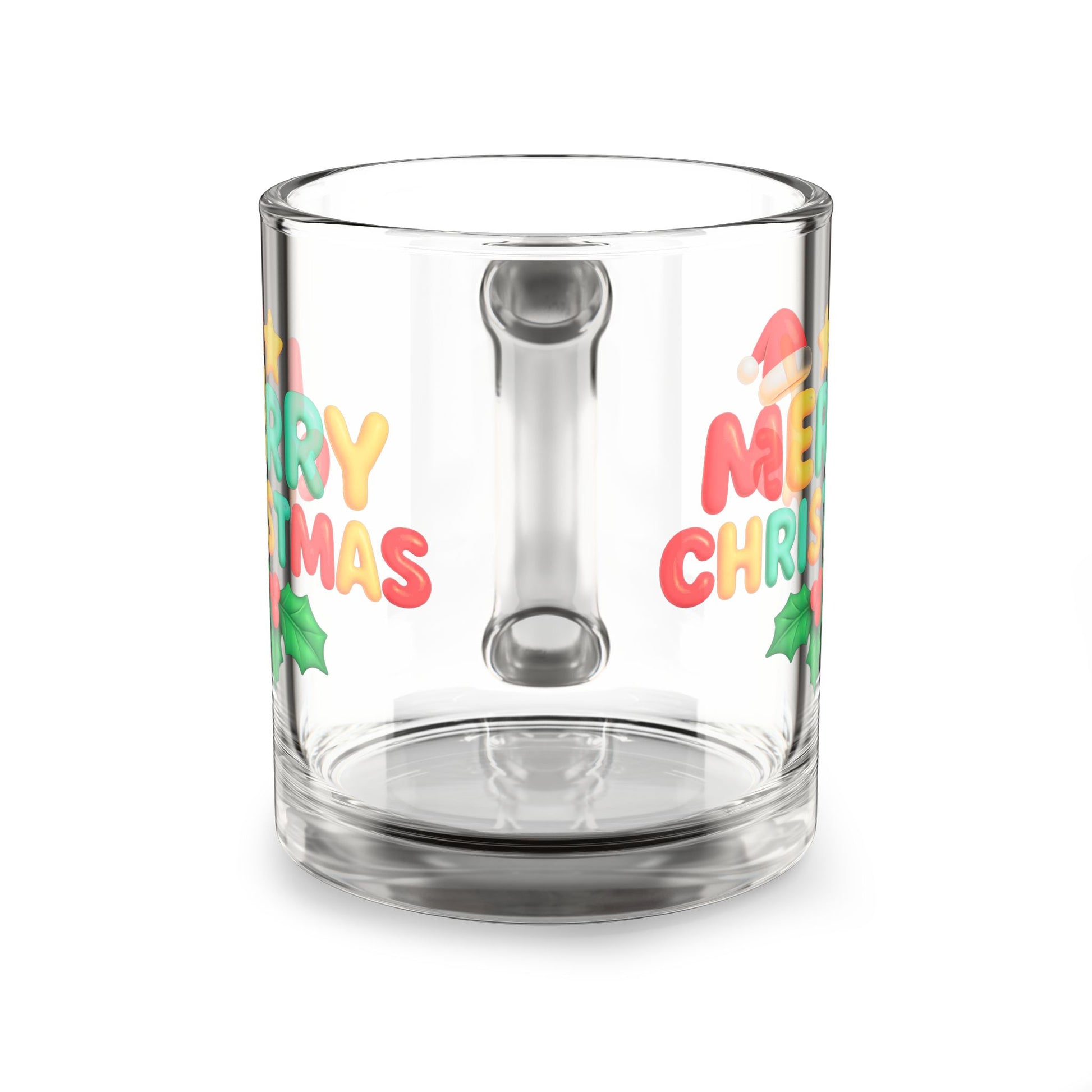 Clear glass mug with Merry Christmas design on both sides, festive holiday coffee cup ideal for seasonal drinks and Christmas gifts.