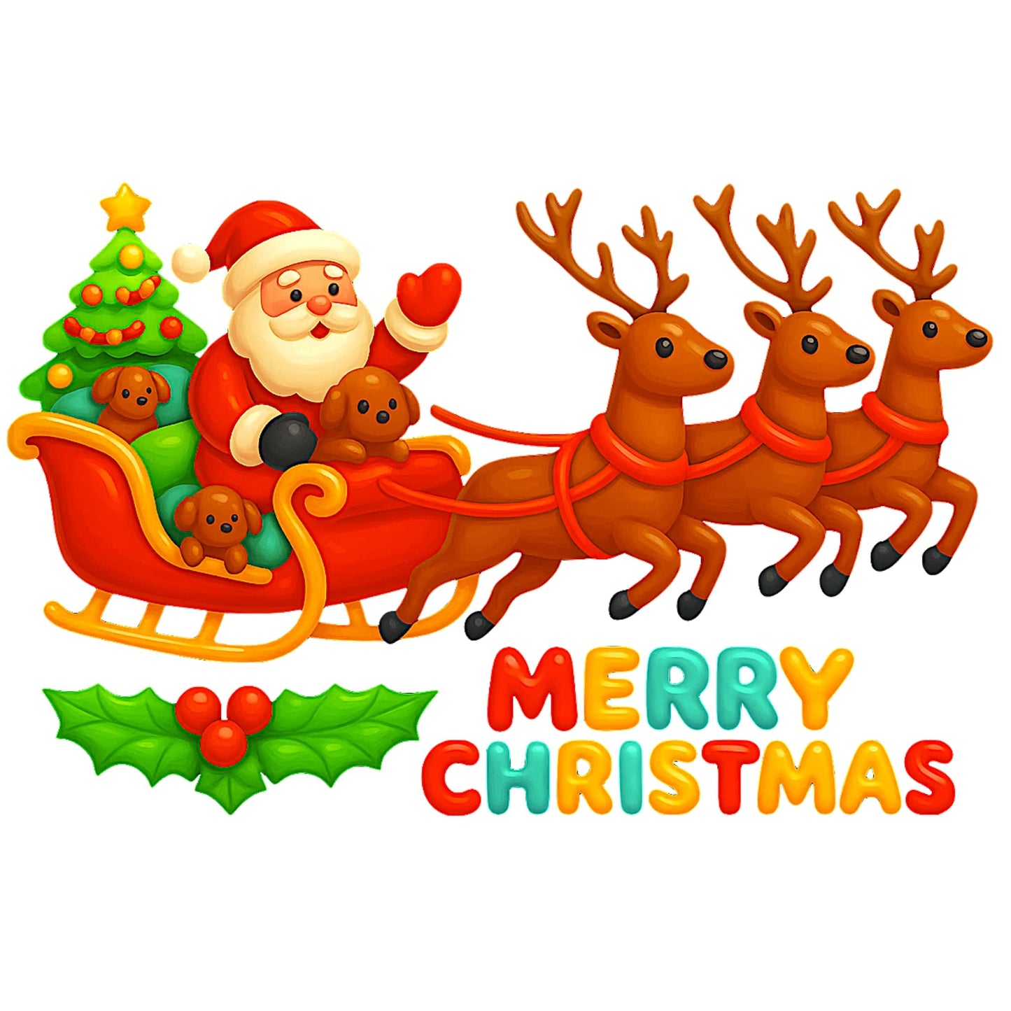 Santa Claus in sleigh with reindeer, Christmas tree, puppies, and Merry Christmas text holiday design.