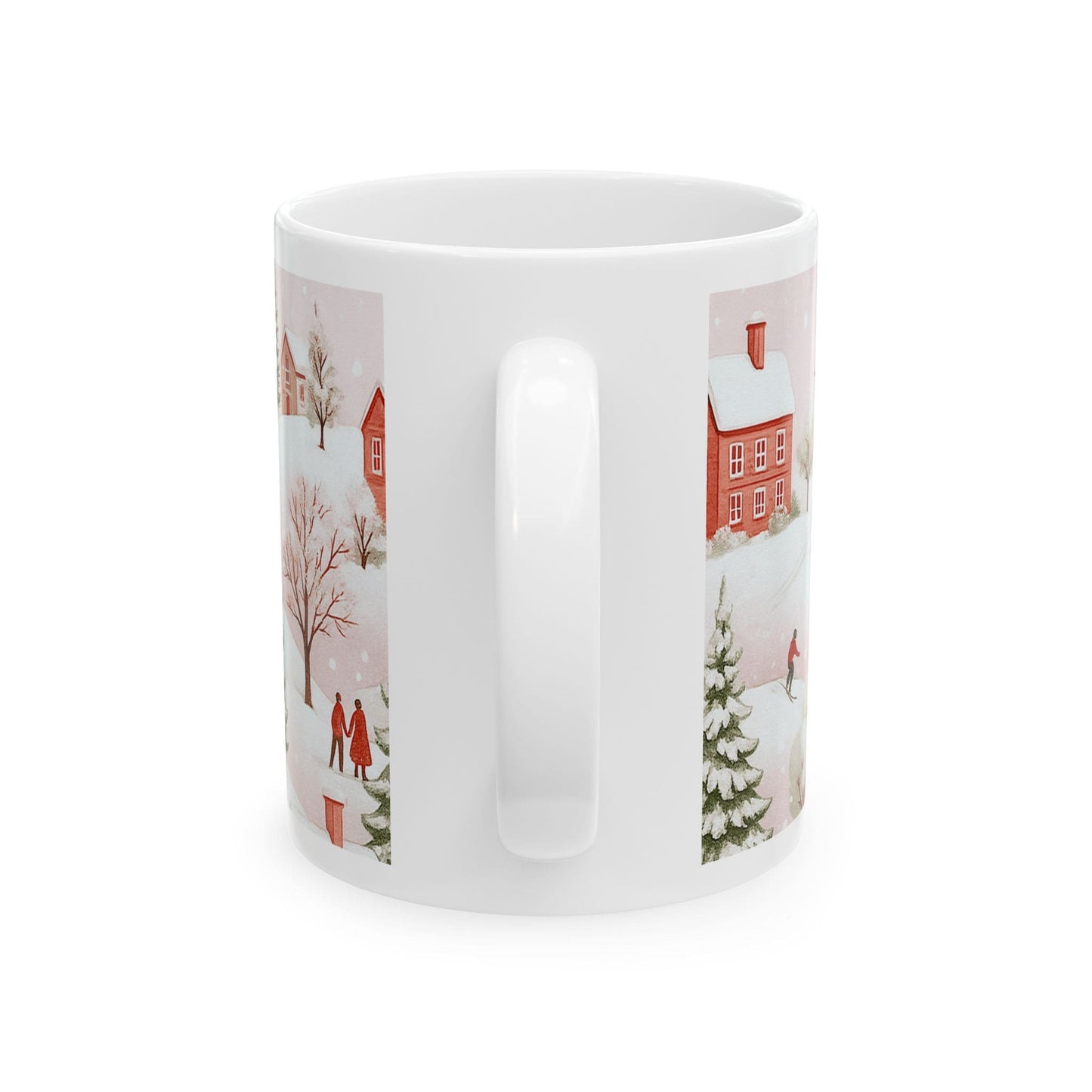 Side view of pink winter mug with snowy village, red houses, trees, a skating figure, and a couple walking in the snow