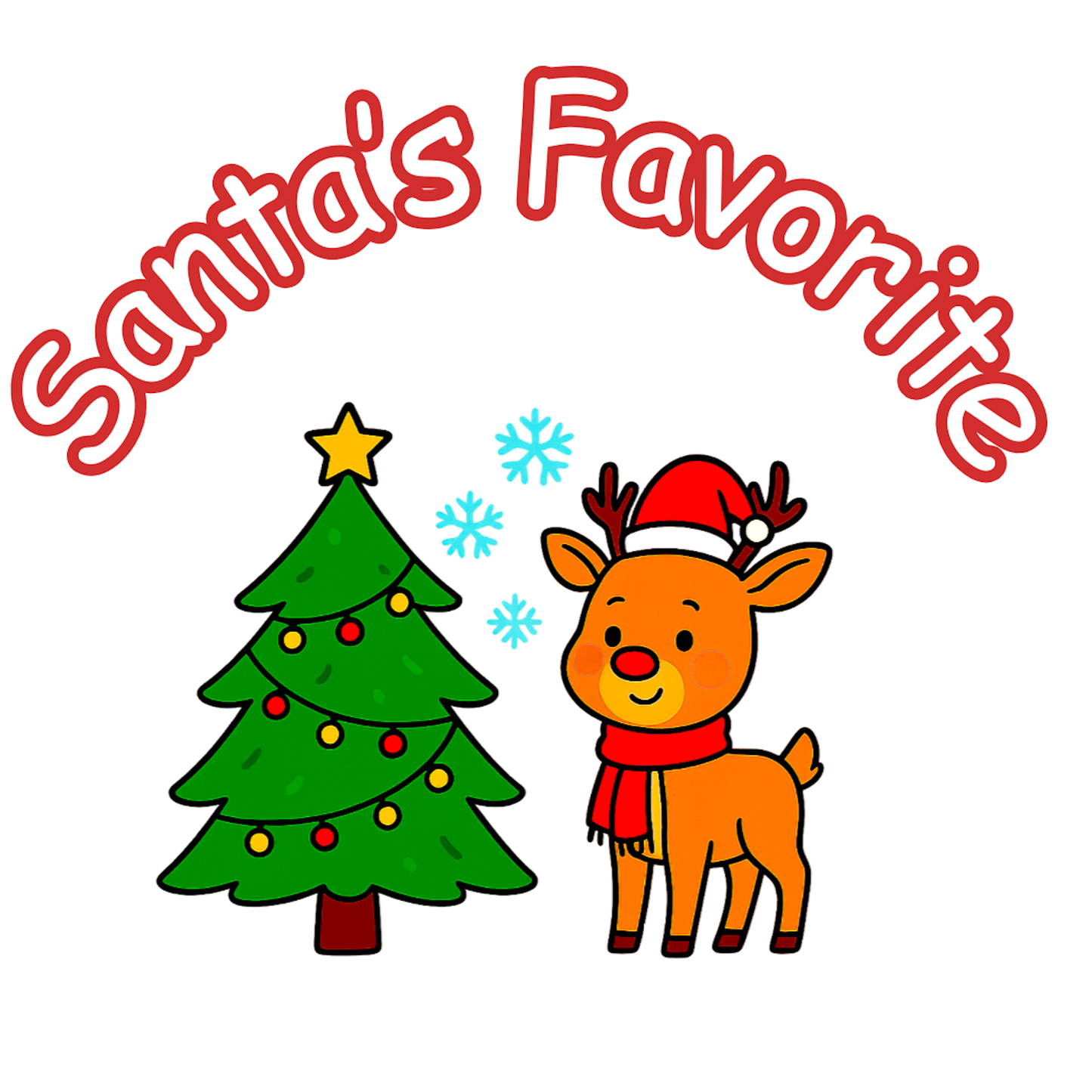 Cute Christmas baby design with reindeer, decorated tree, snowflakes, and arched text Santa's Favorite