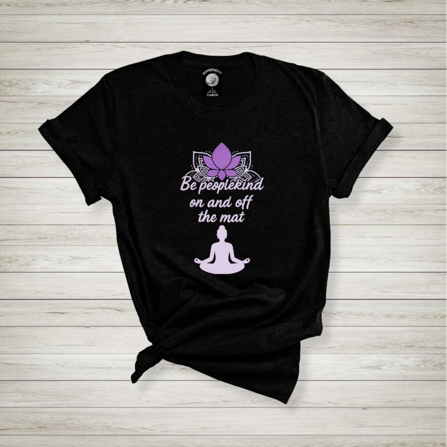 Solid Black Blend Bella Canvas 3001 yoga t-shirt with purple lotus and quote Be peoplekind on and off the mat