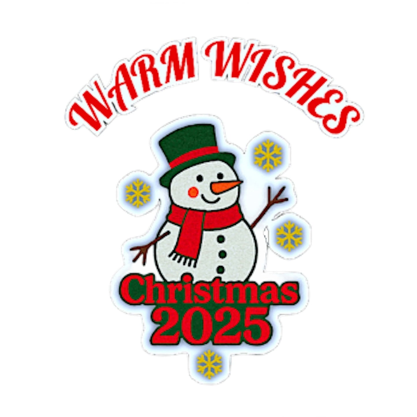 Christmas 2025 snowman design with red scarf, yellow snowflakes, and 'Warm Wishes' text, ideal for festive mugs and gifts.