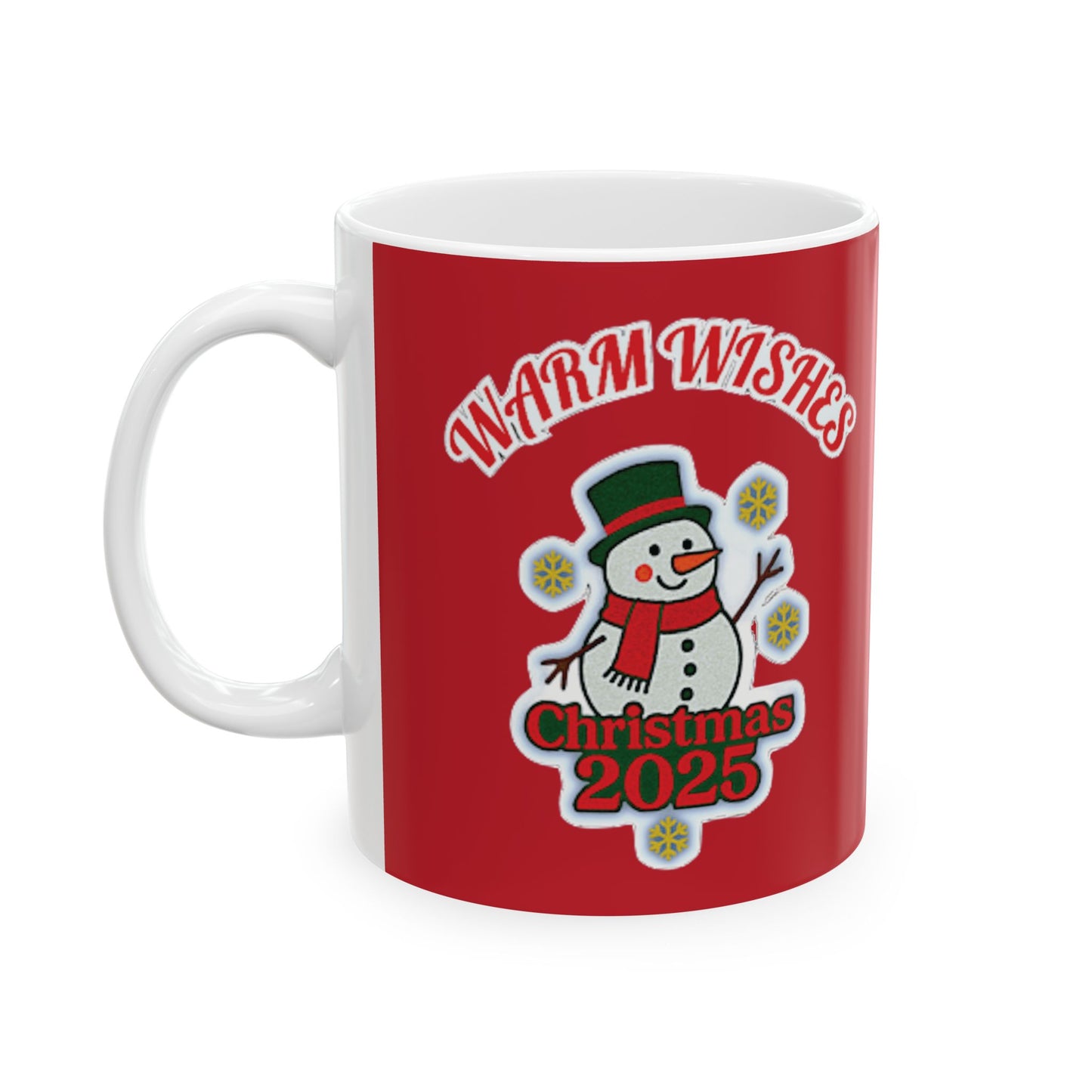 Red ceramic Christmas mug with cute snowman, snowflakes, and 'Warm Wishes Christmas 2025' text – festive holiday gift idea