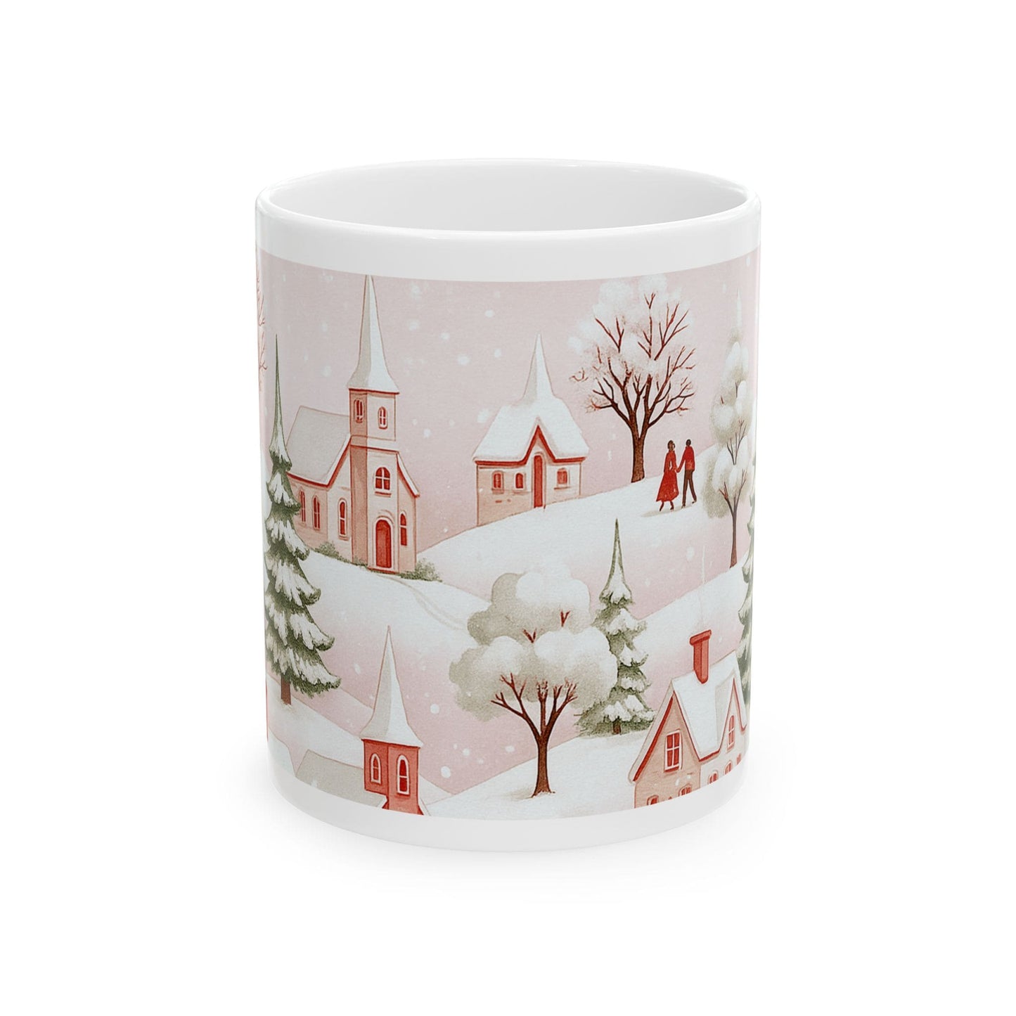 Winter mug design with pink snowy village, churches, trees, and a couple walking in a serene holiday landscape