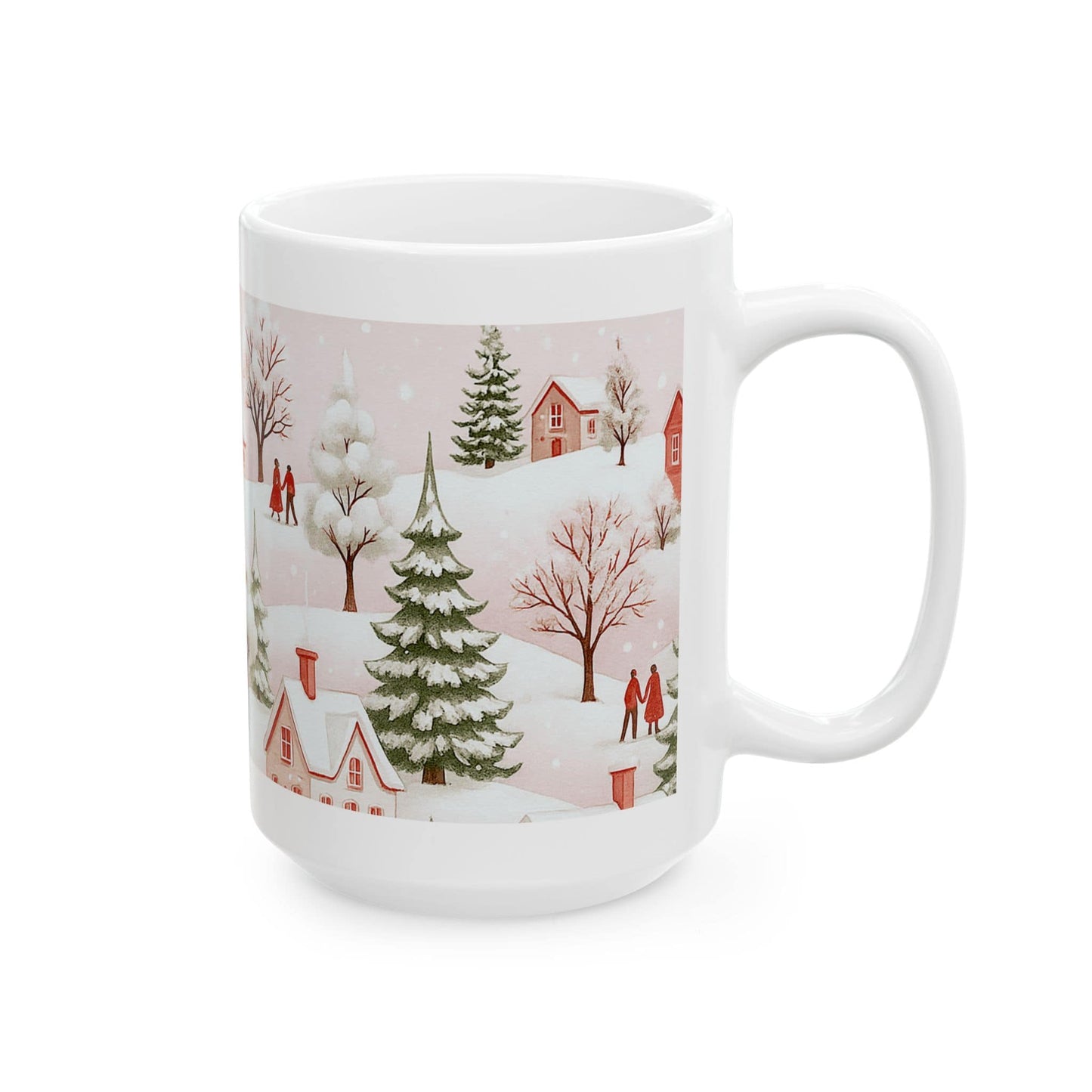White ceramic mug with pink winter village scene, snowy trees, and couples walking, perfect for Christmas and holiday decor.
