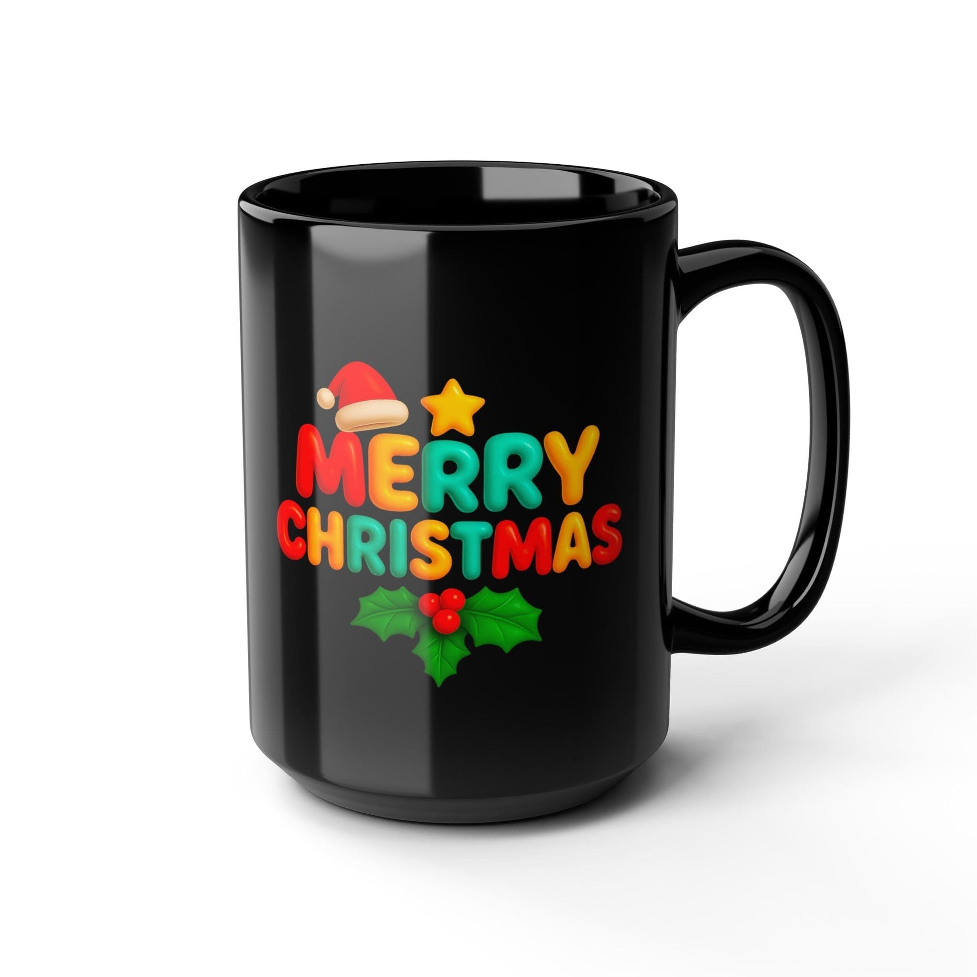 15oz black ceramic mug with colorful “Merry Christmas” design featuring a Santa hat, star, and holly leaves on a white background.