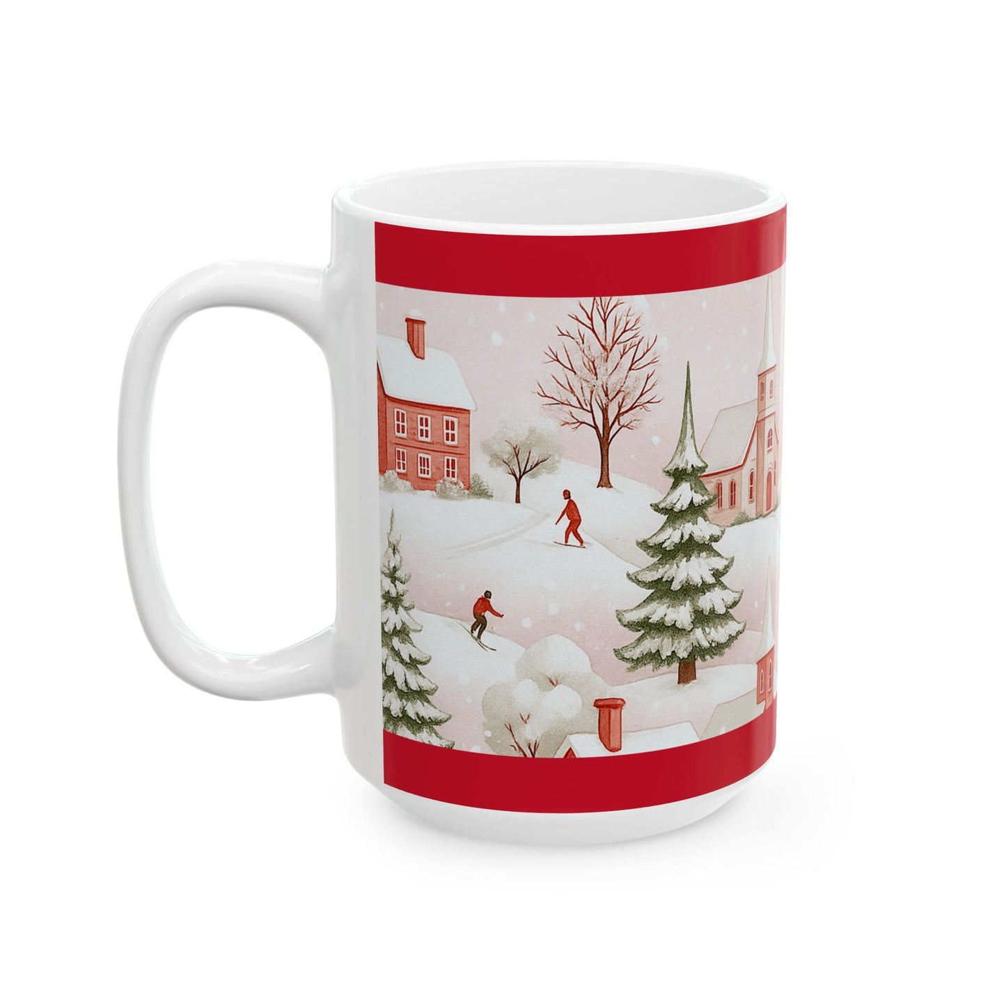 15oz Christmas mug with red border and winter village scene featuring people skiing and snow-covered houses