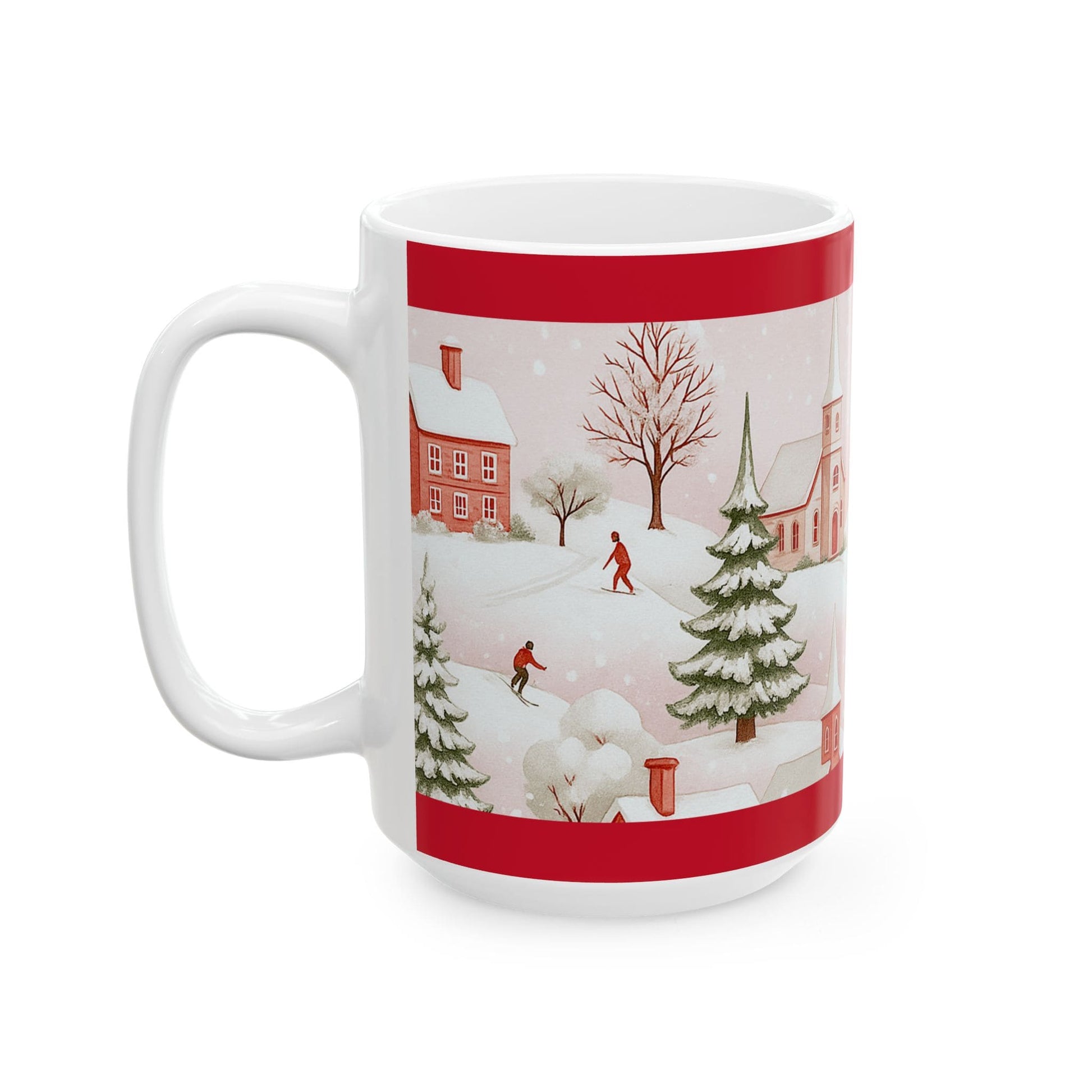 15oz Christmas mug with red border and winter village scene featuring people skiing and snow-covered houses
