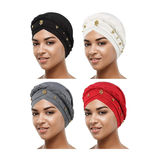 Set of 4 beaded turban caps in black, white, gray, and red. Stylish braided design with gold beads, perfect for any event.