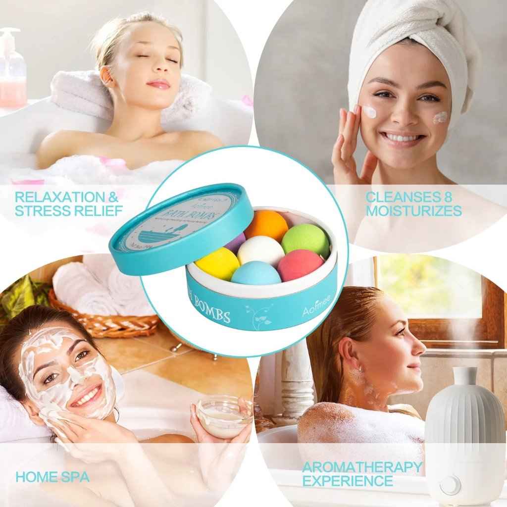 Women enjoying spa treatments with colorful bath bombs for relaxation, stress relief, cleansing, and aromatherapy at home.