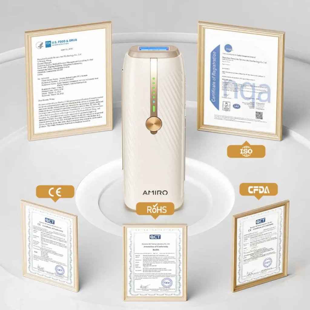 AMIRO IPL hair removal device features CE, ROHS, ISO, and CFDA certifications, meeting global safety and quality standards.