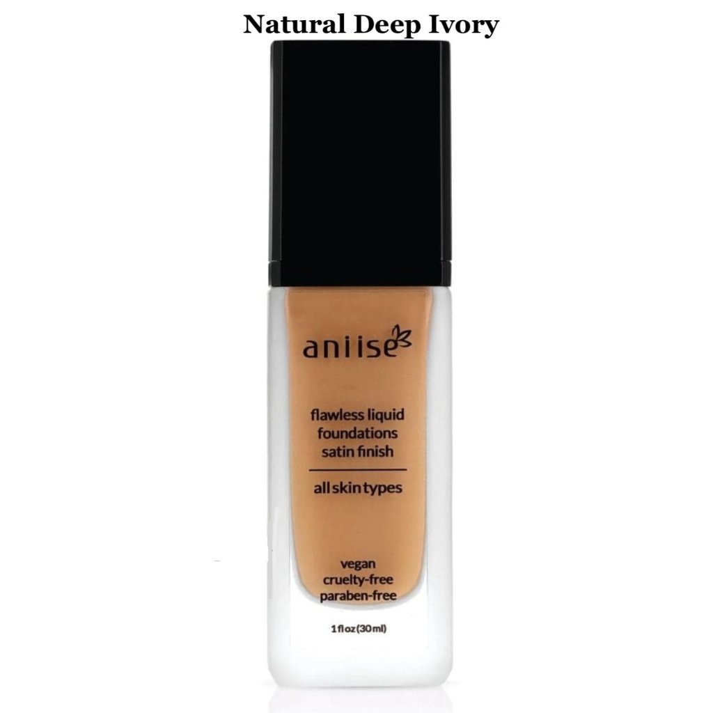 Aniise Natural Deep Ivory vegan liquid foundation with satin finish. Paraben-free, cruelty-free, suitable for all skin types, 30ml bottle.