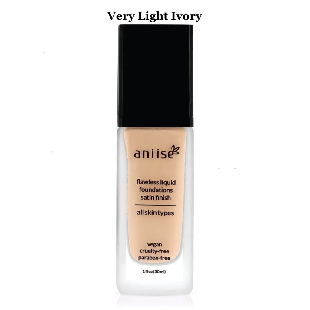 Aniise vegan satin finish liquid foundation in Very Light Ivory shade. Cruelty-free, paraben-free, suitable for all skin types, 1 fl oz.