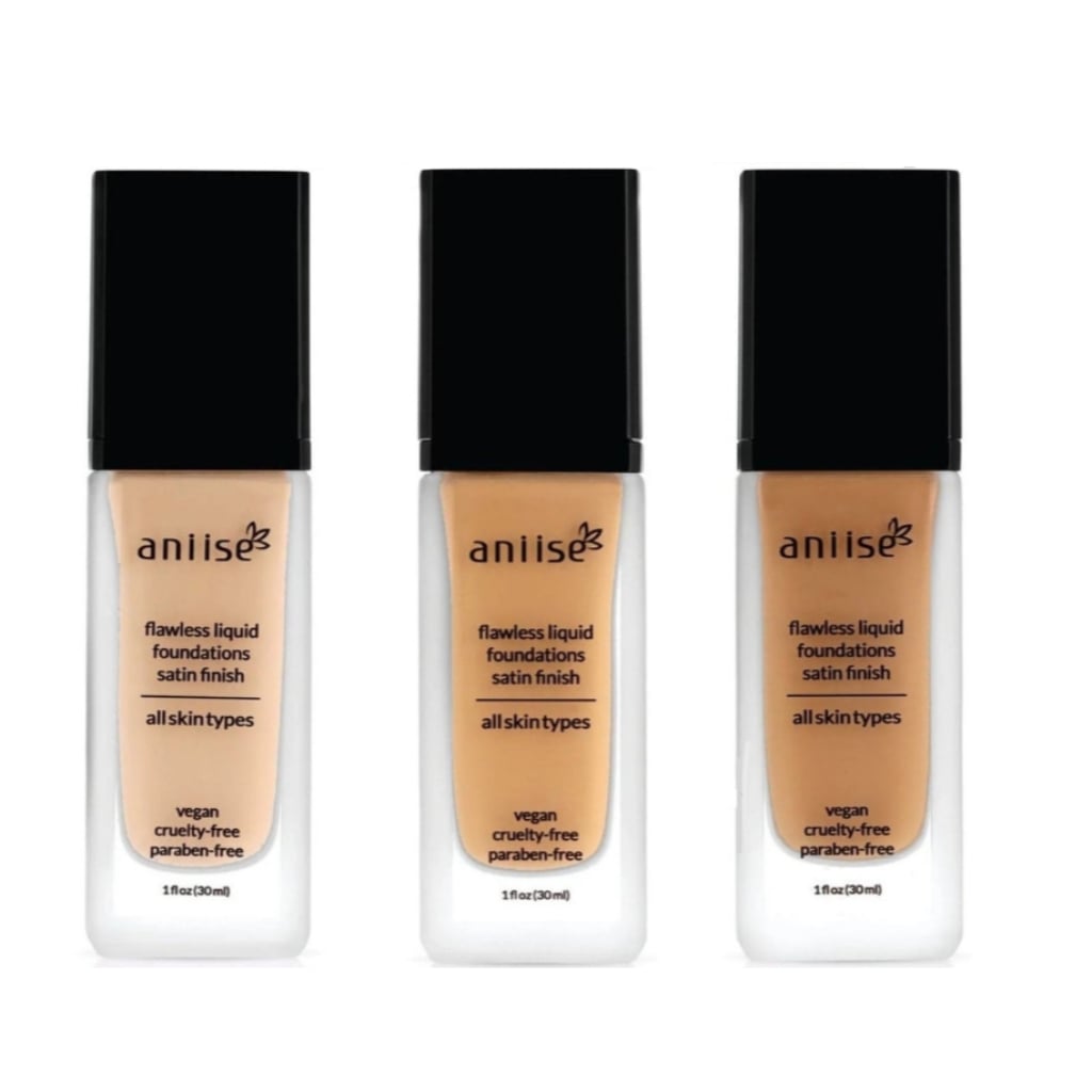 Aniise satin finish liquid foundation trio for all skin types. Vegan, cruelty-free, paraben-free makeup in three shades, 1 fl oz each.