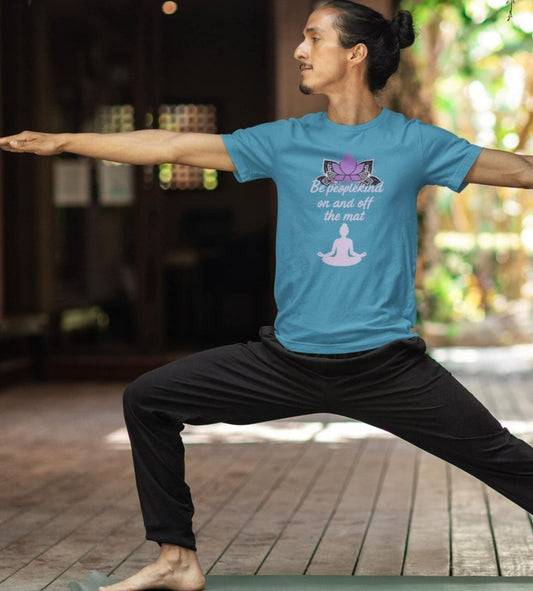 Aqua unisex yoga t-shirt with Be Peoplekind on and off the mat quote and lotus design for mindful lifestyle practice