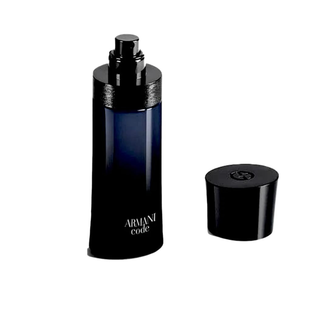 Armani Code Eau de Toilette bottle with cap removed, showcasing sleek black design. Iconic men's fragrance, perfect for any occasion.